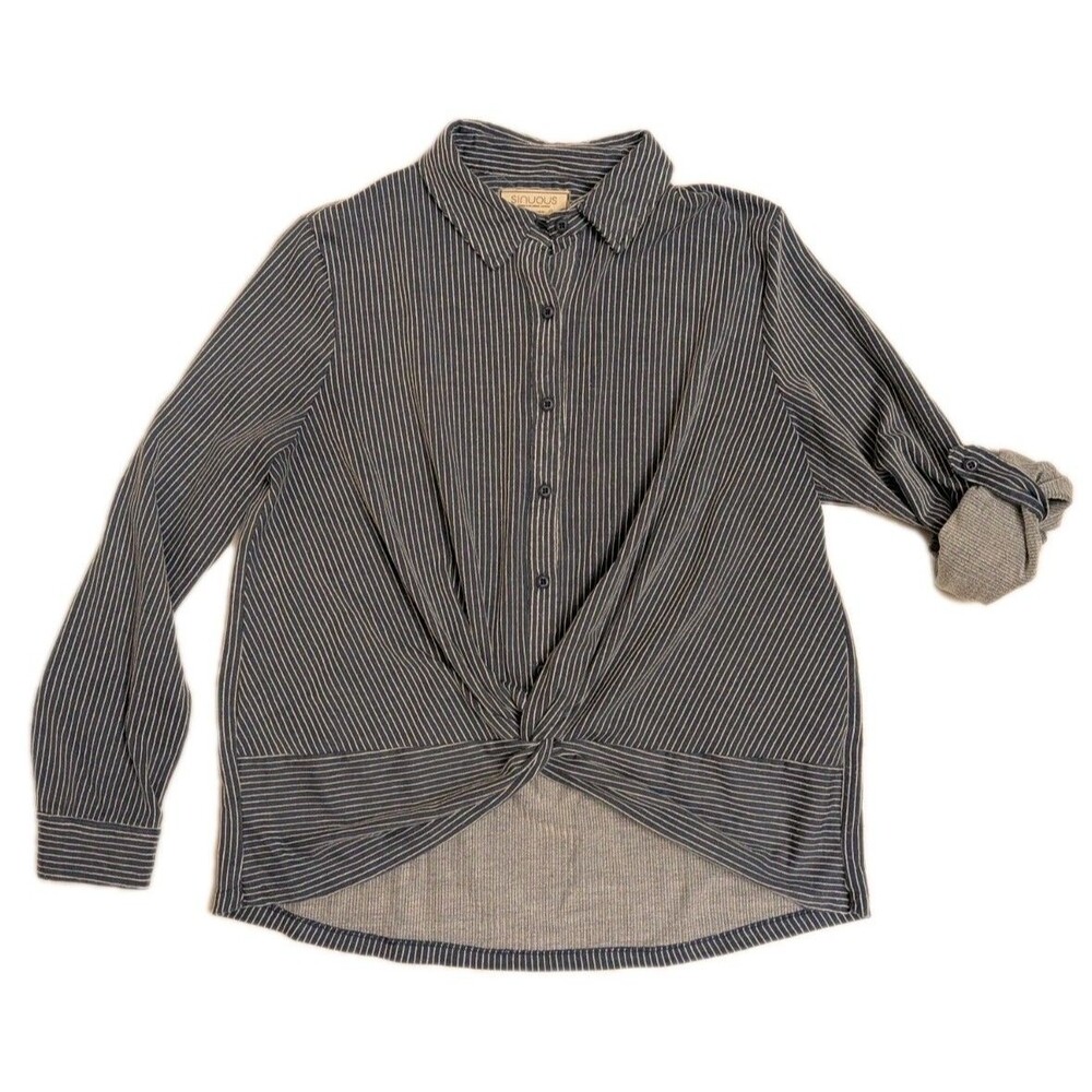 Sinuous Striped Tie Front Button Up Roll-tab Top Wmn Sz M Capsule Preppy Casual